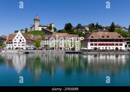 Rhine With View To Fortress Munot In Schaffhausen, Switzerland Stock Photo