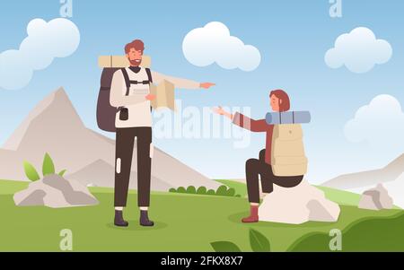 Couple people hike and travel, young woman man hikers relax and enjoy beautiful landscape Stock Vector