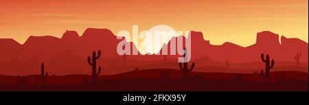 Mexican, Texas or Arisona desert nature at sunset night wide panorama landscape Stock Vector