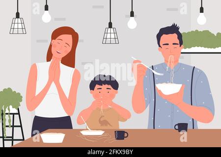 Happy family people eat pasta spaghetti or noodles, cute family home scene in kitchen Stock Vector