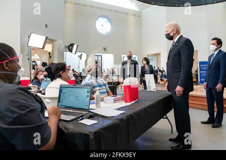 President Joe Biden tours a vaccination site on Tuesday, April 6, 2021, at the Immanuel Chapel at the Virginia Theological Seminary in Alexandria, Virginia. (Official White House Photo by Adam Schultz) Stock Photo