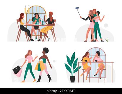 Friends people spend time together set, young happy women taking selfies, shopping Stock Vector
