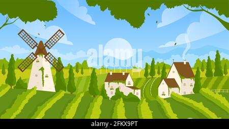 Vineyard rural summer landscape scene with growing vine grapes, farm houses and windmill Stock Vector