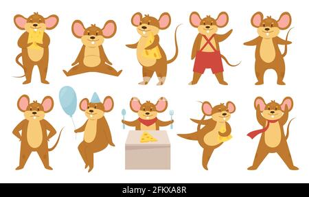 Cute mouse animals set, funny mouse or rat eat cheese at birthday happy party, dance Stock Vector