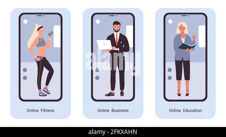 Online fitness business education, professional people, UX, UI mobile app page screen set Stock Vector