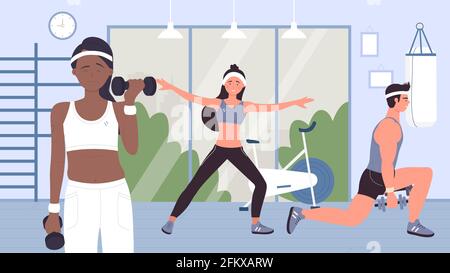 People doing sports workout with dumbbells in gym, training with sport equipments Stock Vector