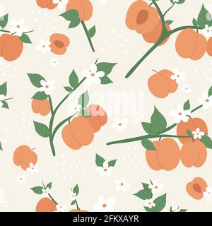 Peach or apricot fruit seamless pattern design set, summer peachy trendy botany texture Stock Vector