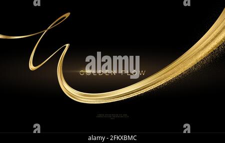 Gold wave flow and golden glitter on black background. Abstract shiny color gold wave luxury background. Luxury gold flow wallpaper. Vector Stock Vector