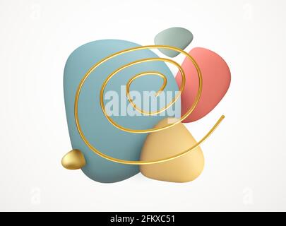 Realistic 3D shapes abstract creative backgrounds in minimal trendy style with copy space for text. Colored stone pebbles and golden abstract frame Stock Vector