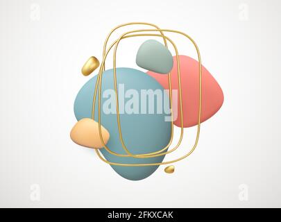Realistic 3D shapes abstract creative backgrounds in minimal trendy style with copy space for text. Colored stone pebbles and golden abstract frame Stock Vector