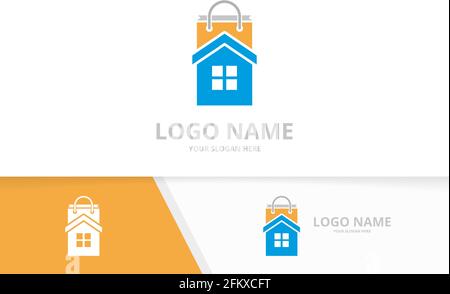 Vector real estate and shop logo combination. House and shopping bag logotype design template. Stock Vector
