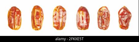 Dried dates assortment isolated on white background, selective focus. Stock Photo