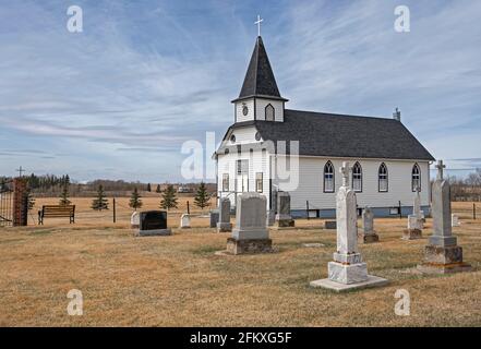 Historic Saint Peter’s Lutheran Church and cemetery near Bashaw, Alberta, Canada Stock Photo