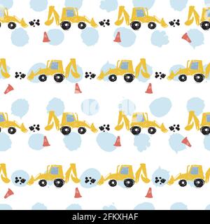 Vector white pastel pen skech rows of cute backhoe excavator seamless pattern with light blue polka dots. Suitable for textile, gift wrap and Stock Vector
