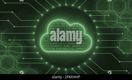 Digital cloud computing concept in green - binary code into data cloud between information connecting lines and blur honeycomb elements on background Stock Photo