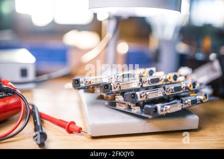 Modern microscope, electronic components in a scientific laboratory Stock Photo
