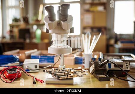 Modern microscope, electronic components in a scientific laboratory Stock Photo
