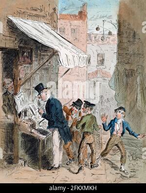 1885 illustration - Oliver Twist The story of an orphan Oliver Twist, who  is sold into apprenticeship with an undertaker. After escaping he travels  to London, where he meets the Artful Dodger