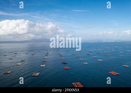 Fishing farm drone panorama view on the atlantic ocean, Arousa island Stock Photo