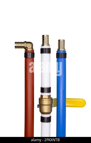 Red White and Blue Pex Water Pipe with Open Connectors Stock Photo