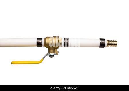 Shut Off Valve On White Pex Water Pipe with Open Connector Stock Photo