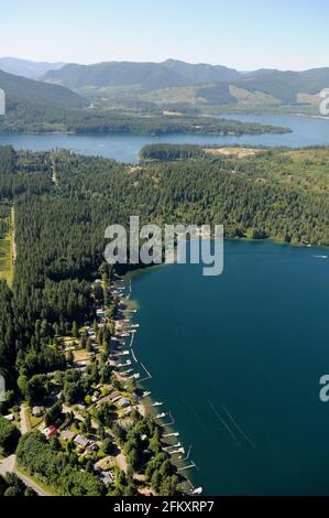 The town of Lake Cowichan on Cowichan Lake, Vancouver Island aerial photography, British Columbia, Canada. Stock Photo