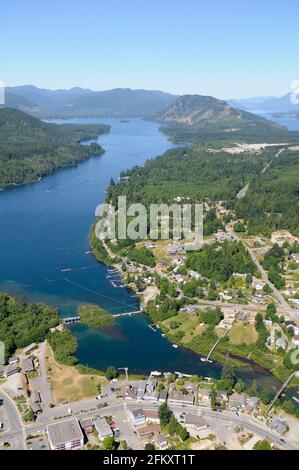 The town of Lake Cowichan on Cowichan Lake, Vancouver Island aerial photography, British Columbia, Canada. Stock Photo