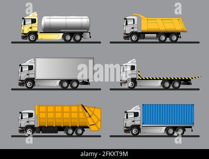 Variants of modern European trucks for the transport of various goods. Vector flat illustration. Side view Stock Vector