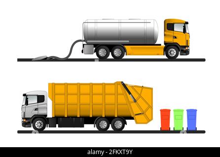 a set of specialized road transport for the collection of solid and liquid household waste. Vector flat illustration. Stock Vector