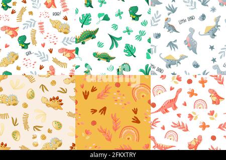 Seamless cute dinosaur pattern. Colorful dino background for kids. Childish vector design for textile and packaging, nursery wallpaper Stock Vector