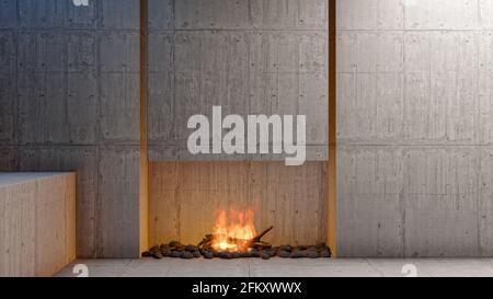 Empty loft style interior living room apartment with fireplace and blank empty cement wall, 3d rendering Stock Photo