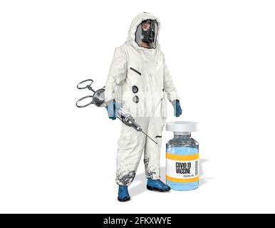 Clipping path, Virologist in white hazardous material suit or hazmat suit holding vintage syringe and coronavirus or covid-19 vaccine bottle Stock Photo