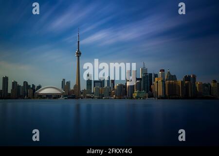 Long exposure of the Toronto city skyline in Canada from Toronto Island. Stock Photo