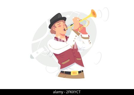 Musician plays jazz music on trumpet Stock Vector