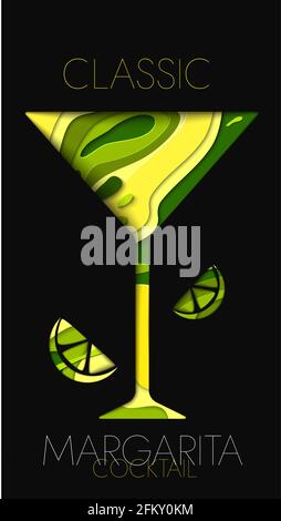 Silhouette of cocktail with alcohol or juice in minimalistic paper cut style. Concept for branding menu, cover, flyer, banner. Vector illustration. Stock Vector