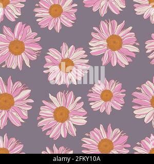 Seamless pattern of white and pink daisies with a yellow center on old lavender color background. Decorative print for wallpapers, wrappings, textiles, fashion fabrics or other printable covers. Stock Vector
