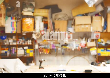 Blurred workshop blur work garage industrial plant or factory background. Stock Photo