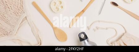 Banner with pattern made of zero waste items on a beige background. Creative no plastic concept. Stock Photo