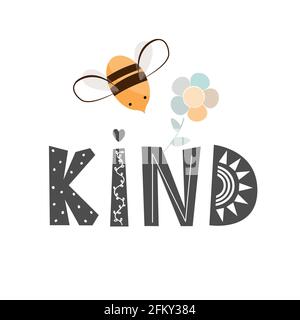 Bee Kind cartoon illustration in Scandinavian style. Kindness, Social Awareness, Encourage concept. Vector Art isolated on white Stock Vector