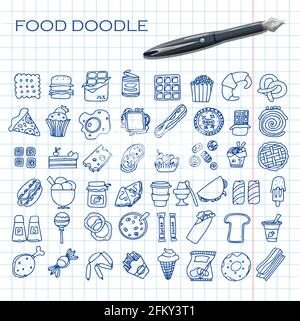 Doodle food set of 50 various fast-food products. Hand-drawn sweets, desserts, snacks, popcorn, American food and English breakfast. A big set of Stock Vector