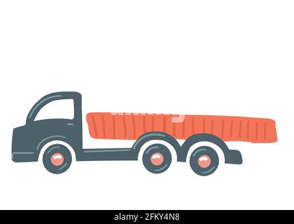 a truck with a red body. isolated car. hand drawn cartoon style, vector illustration. cargo transportation van. Stock Vector