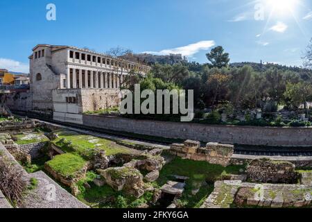 Athens- Greece. The Stoa of Attalos or Attalus at the archaeological site of the Ancient Agora of Athens in Thiseio district. Panoramic view, sunny Stock Photo