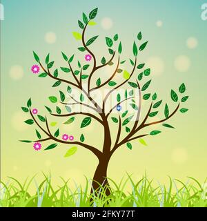 Abstract tree with green leaves, flowers on a colorful and sunny background. Stock Vector