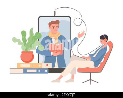 Woman sitting in comfortable armchair with headphones and listening podcast or audiobook vector flat illustration. Female character working on laptop and listen audio stories via the smartphone app. Stock Vector