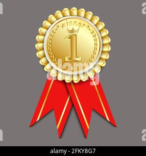 Gold Medal Vector. Golden 1st Place Badge. Sport Game Golden Challenge Award. Red Ribbon. Isolated. Olive Branch. Realistic illustration isolated on d Stock Vector