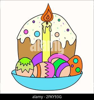 Russian Easter cake, cottage cheese, colorful eggs and willow branch. Isolated on white vector illustration Stock Vector