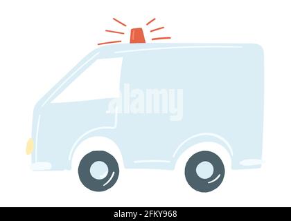 lorry van in blue. isolated car with siren. emergency car. hand drawn cartoon style, vector illustration. Stock Vector