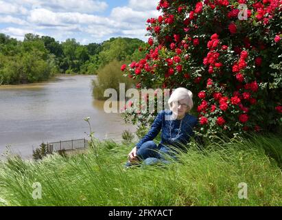 Beautiful woman, who is 99, still enjoys a high quality of life.  She is sitting in the tall Spring grass and enoying the outdoors, flowers and Ouachi Stock Photo