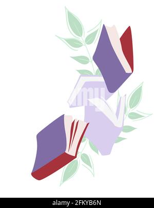 Flying Books object icon, Banner for decoration design. Reading symbol in green leaves clip art. Knowledge, learning, literature, library sign Stock Vector