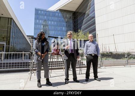 Los Angeles, USA. 04th May, 2021. Journalist and activist file lawsuit over LAPD police abuse at George Floyd protest. Photojournalist Nicholas Stern and BLM activist Fahren James attend a press conference with their lawyer James DeSimone in front of LAPD headquarters. Both Stern and James were directly shot with rubber projectiles at Floyd protest in Los Angeles by LAPD officers. 5/4/2021 Los Angeles, CA USA (Photo by Ted Soqui/SIPA USA) Credit: Sipa USA/Alamy Live News Stock Photo